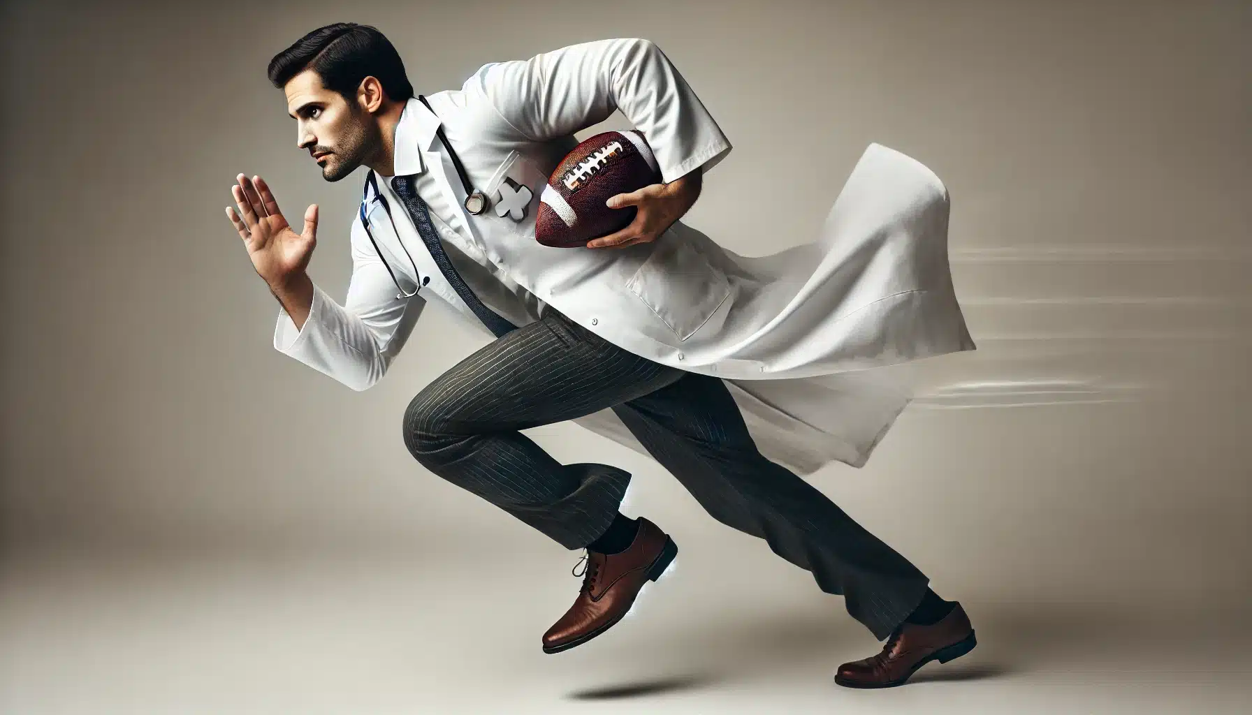 DALL·E 2025 02 17 06.34.57 A highly realistic image of a male physician running with a football mimicking the posture and intensity of a football player sprinting toward the go