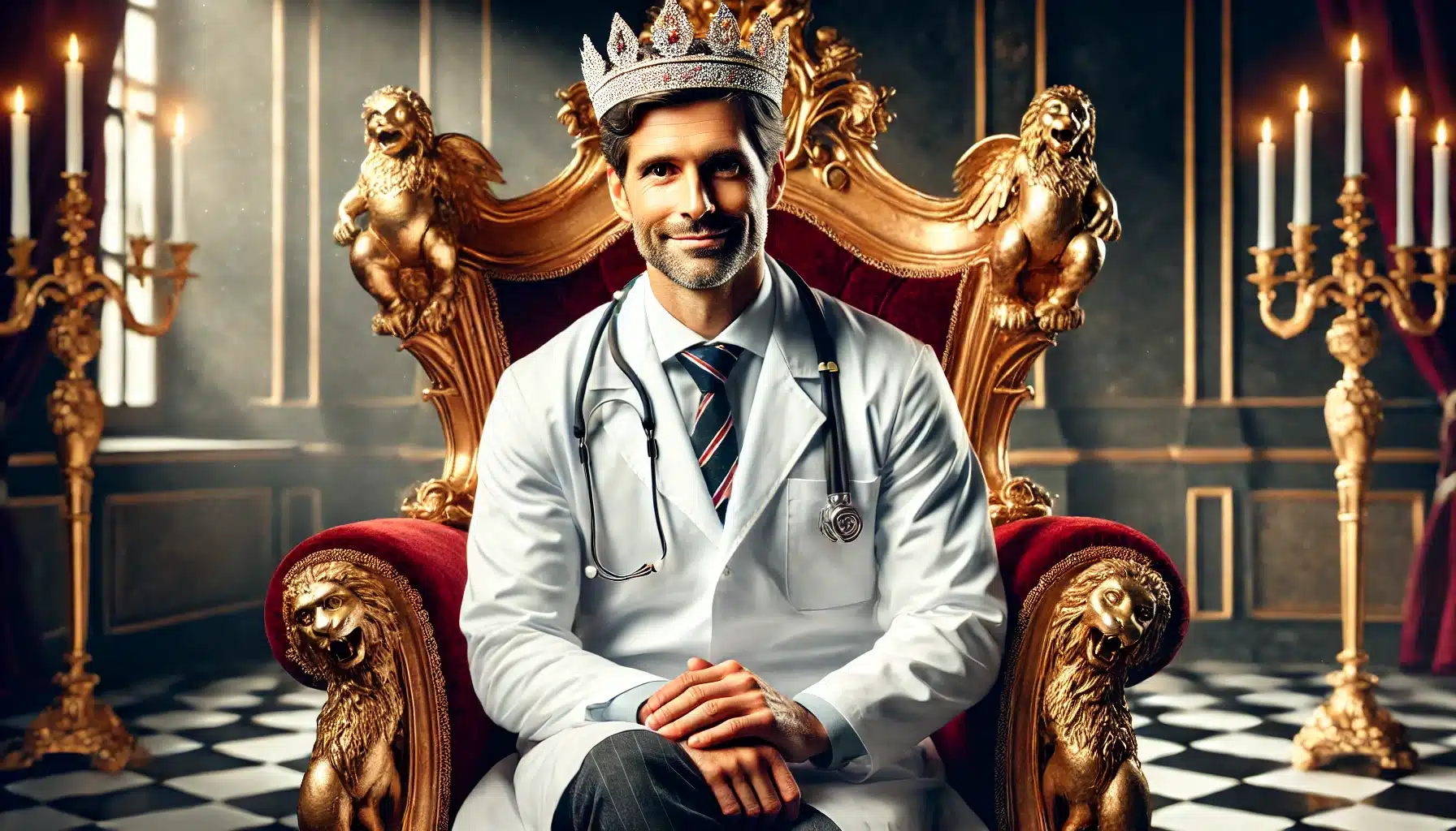 DALL·E 2025 02 19 04.48.39 A realistic image of a physician sitting on a grand throne wearing a jeweled crown. He has a pleased and confident expression on his face. The throne