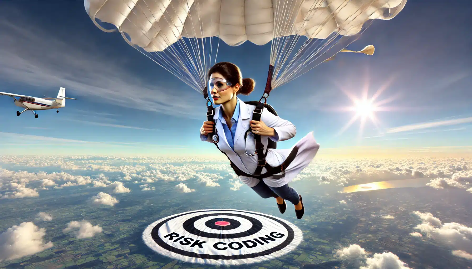 DALL·E 2025 02 19 13.53.03 A realistic image of a female physician wearing a parachute mid air while skydiving. She has a determined expression focused on a target below. The 1 1