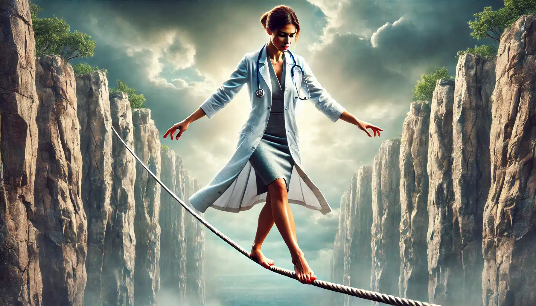 DALL·E 2025 02 20 14.54.24 A highly realistic image of a tightrope walker dressed as a doctor. She wears a white lab coat a stethoscope around her neck and professional attire