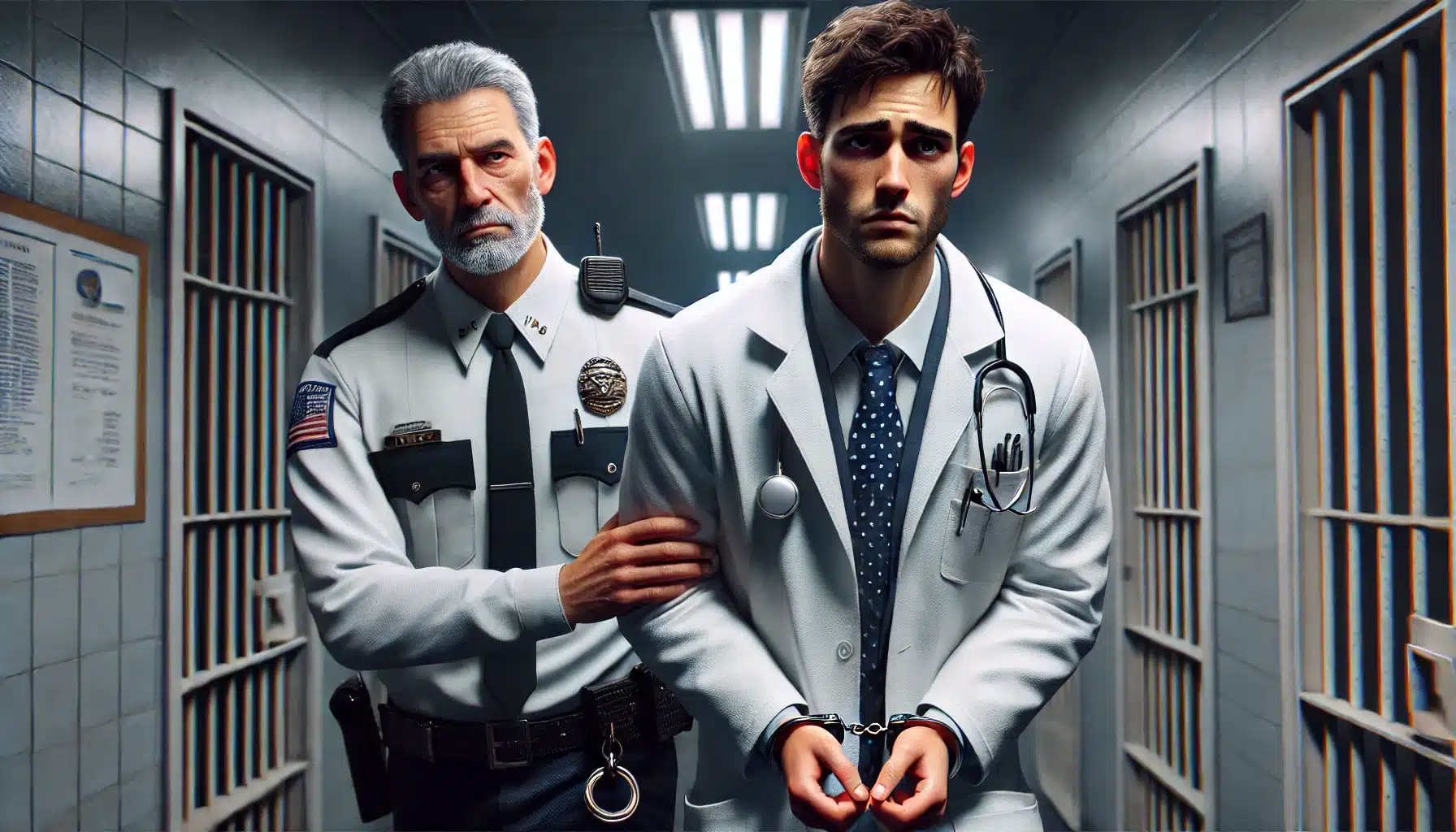 DALL·E 2025 02 25 12.56.54 A highly realistic digital rendering of a physician being led to jail. The doctor dressed in a white lab coat has a distressed and fearful
