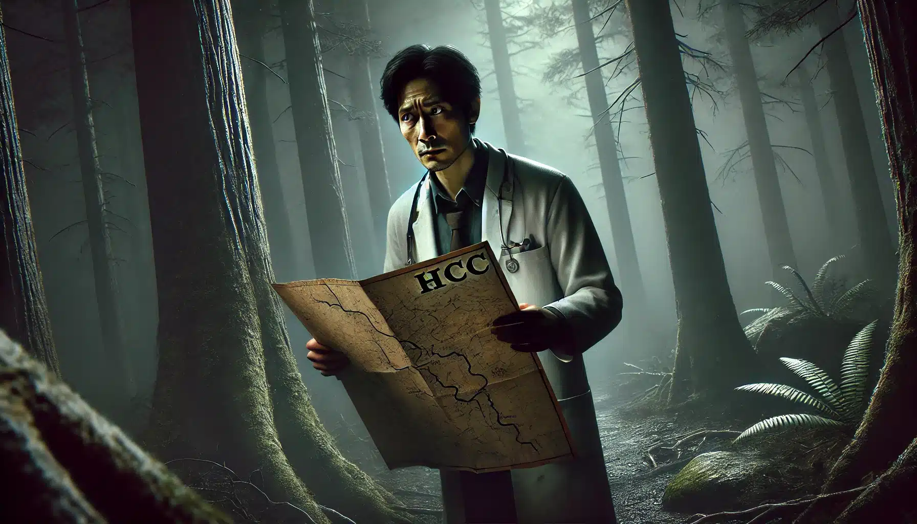 DALL·E 2025 02 27 04.12.01 A realistic depiction of an Asian physician wandering through a dark dense forest at night. He holds a slightly crumpled map in his hand with the le