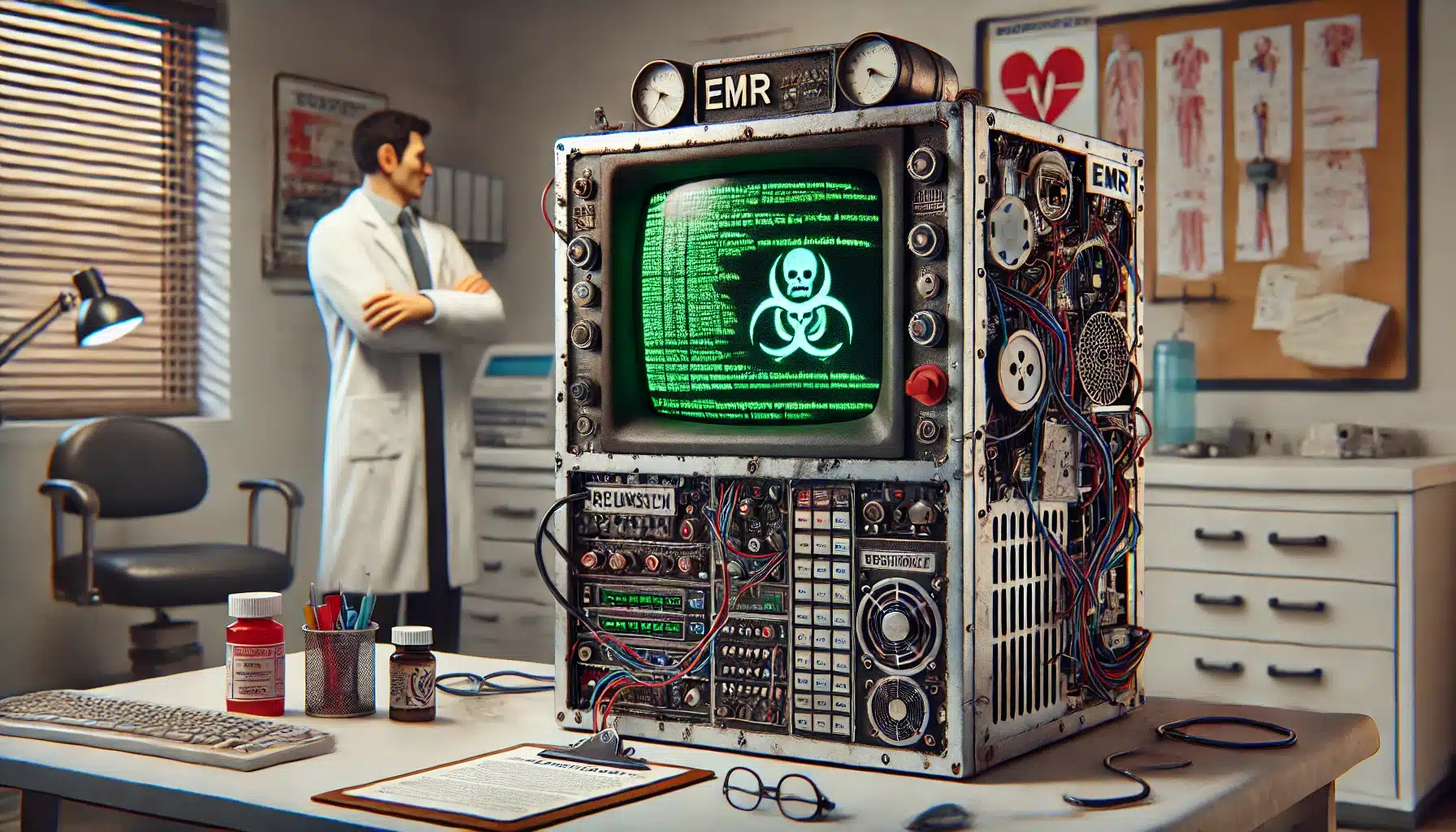 DALL·E 2025 02 27 18.27.26 A realistic digital illustration of an outdated Frankenstein style computer representing an old EMR system. The computer looks patched together with v
