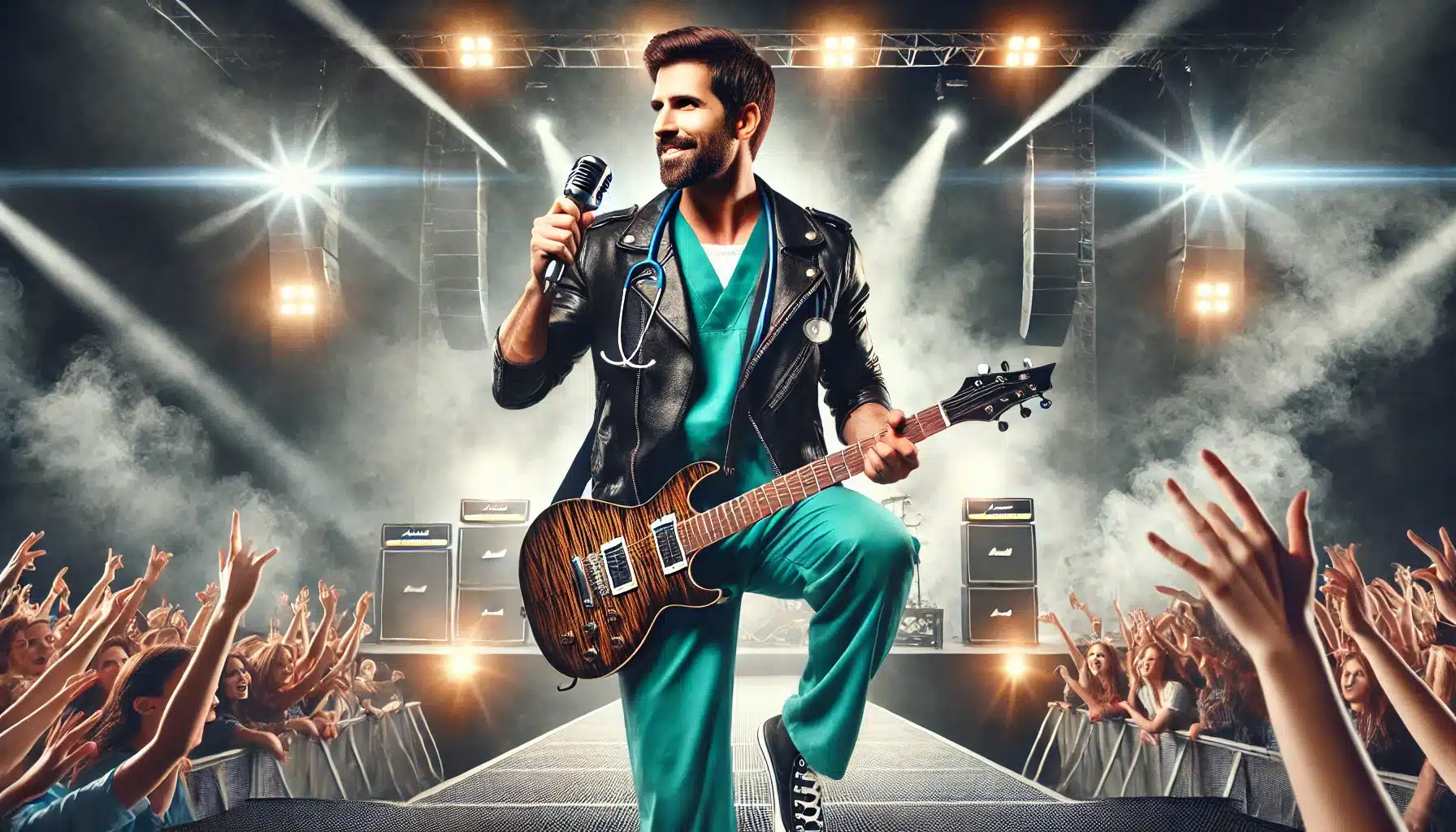 DALL·E 2025 03 03 13.46.49 A charismatic physician rockstar performing on stage. He wears a stylish leather jacket over scrubs with a stethoscope casually draped around his nec