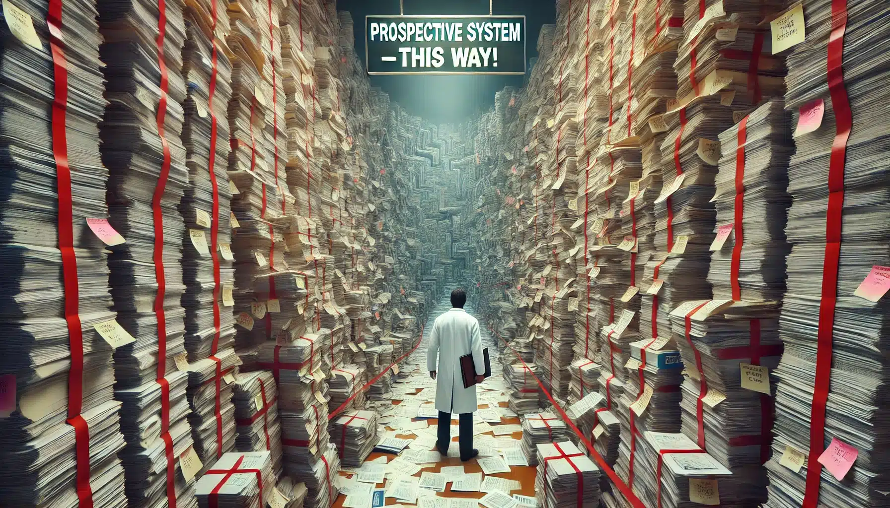 DALL·E 2025 03 05 04.42.27 A realistic depiction of a frustrated doctor navigating a giant maze made entirely of towering stacks of medical files patient charts and sticky not