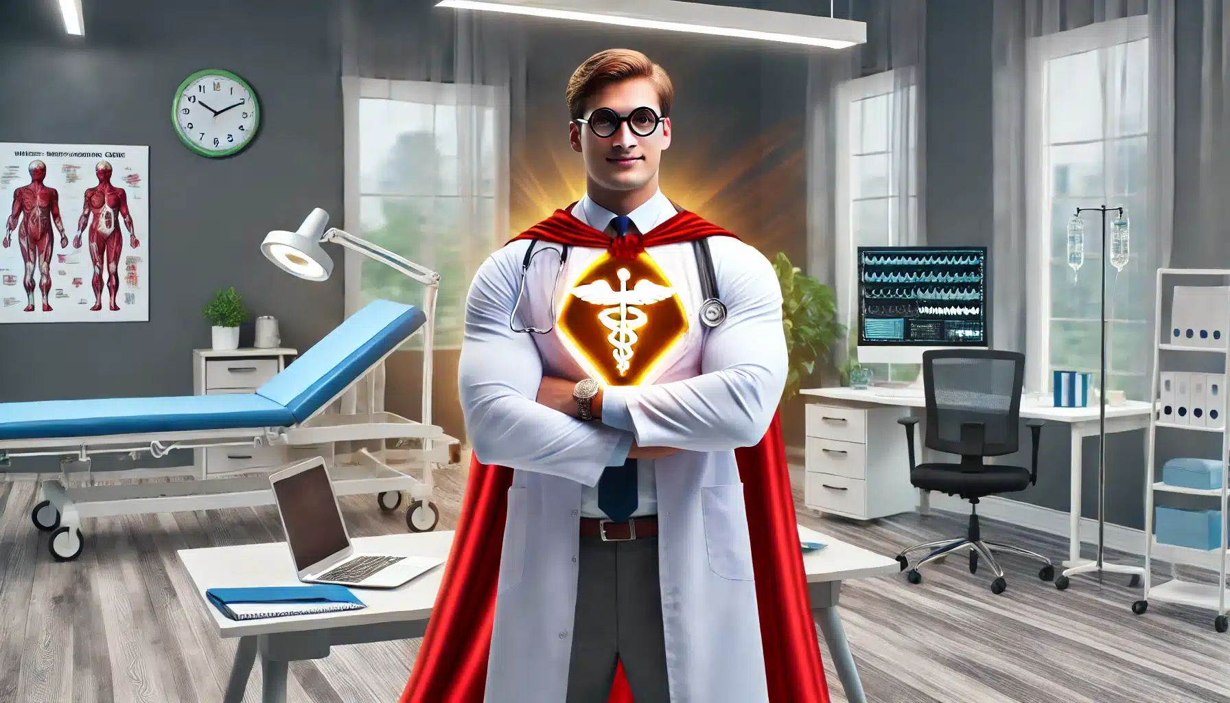 DALL·E 2025 03 05 17.26.21 A realistic image of a doctor in a superhero pose holding a glowing Value Based Care emblem. The doctor looks confident and inspiring standing in