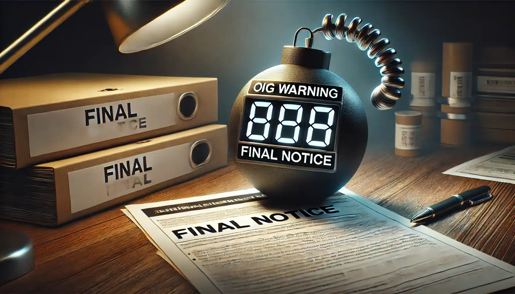 DALL·E 2025 03 06 19.47.45 A realistic 16 9 image of a ticking time bomb with a digital countdown display. The timer is labeled OIG WARNING and Final Notice creating a sens