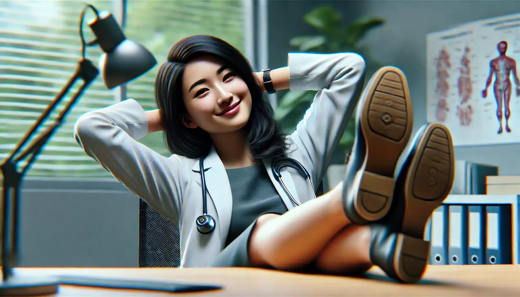 DALL·E 2025 03 11 18.04.33 A realistic AI generated thumbnail featuring an Asian female doctor sitting in her office leaning back with her feet up on the desk wearing professi