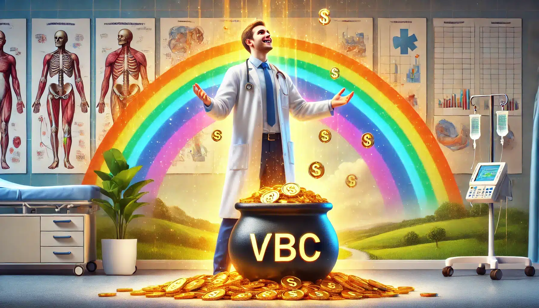 DALL·E 2025 03 14 04.50.03 A realistic 16 9 thumbnail image of a doctor in a white coat standing at the end of a rainbow discovering a pot of gold with VBC written on it. The